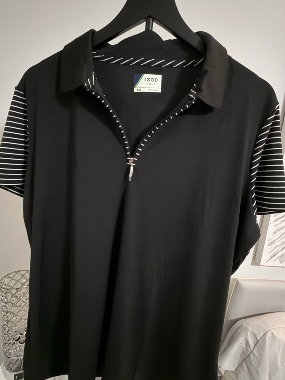 PGA Tour Black Short-Sleeve Zip Polo with Striped Sleeve Accents